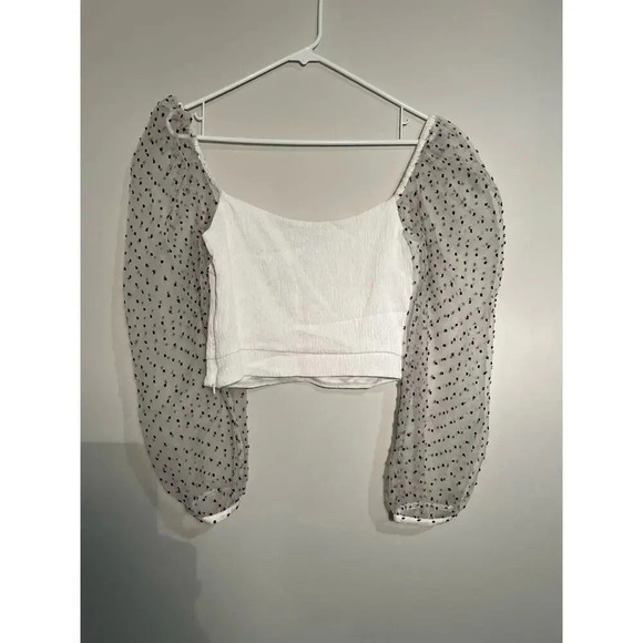 Zara White Cropped Mesh Puff Sleeve Swiss Dot Top - Picture 5 of 10